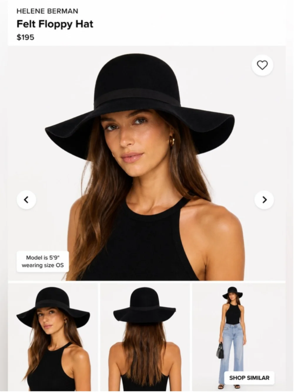 Helene Berman London Black Wool Felt Floppy Hat Wide Brim Designer